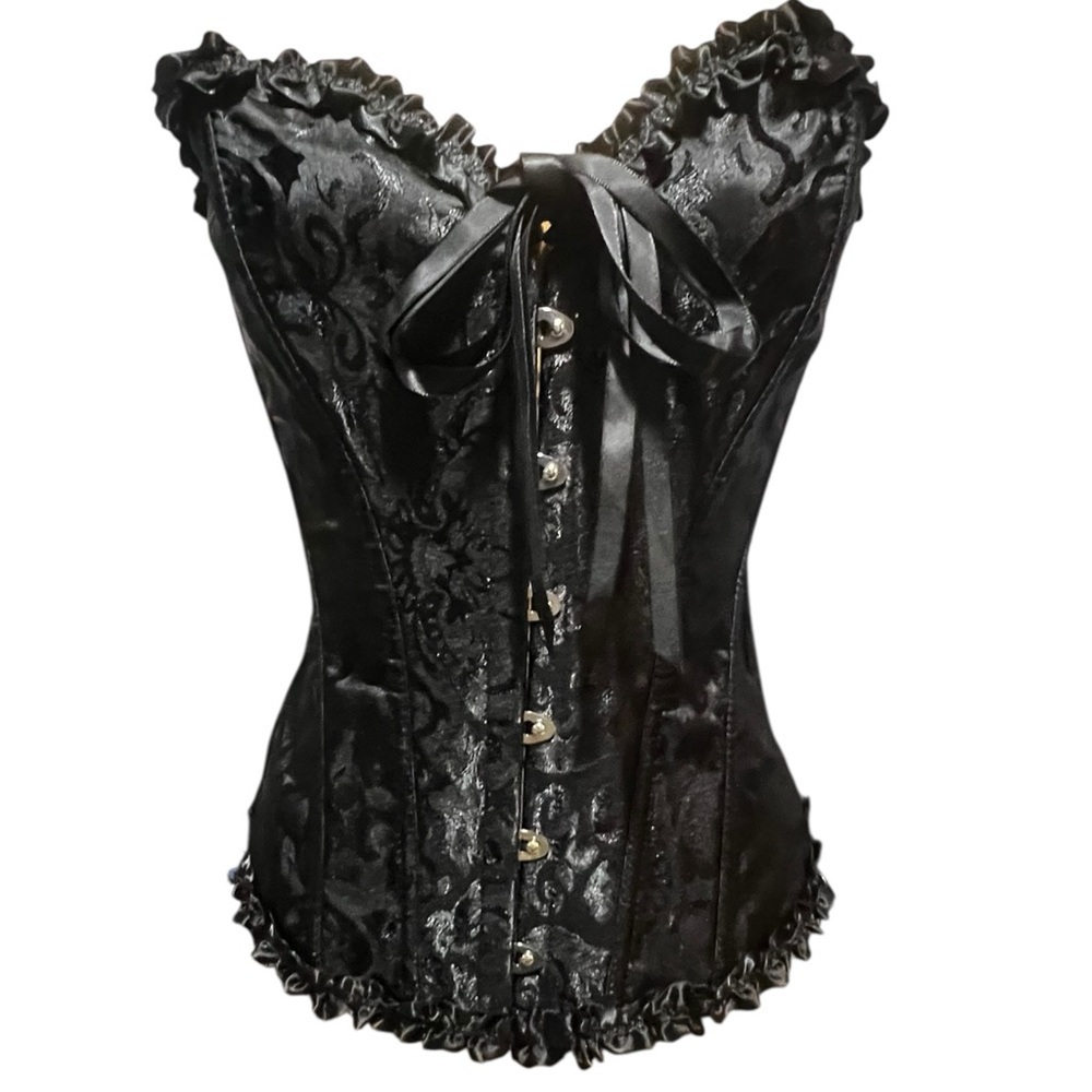 Elegant Black Corset with Ruffle Trim and Ties Like New! XS
